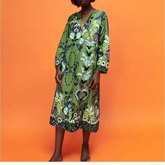 ZARA NWT green floral cotton caftan/tunic dress Sz XS - Picture 1 of 8